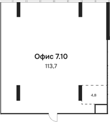 113,7 м², 10 этаж, корпус 1. Офис 7.10 с открытым залом и несколькими колоннами вдоль верхней стены, в нижнем правом угл