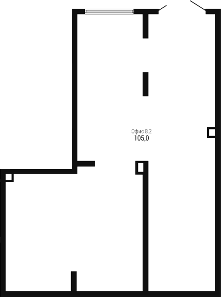 105 м², 1 этаж, корпус 1. Г-образное помещение с входом сверху и одним окном, колонны и инженерные ниши внутри, санузла 