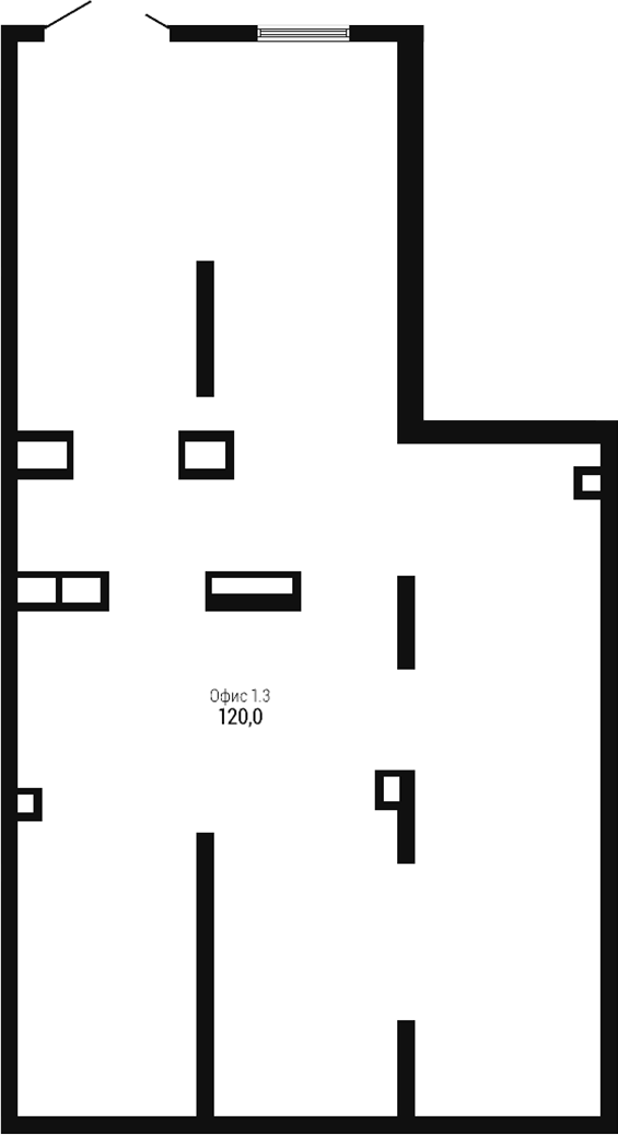 120 м², 1 этаж, корпус 1. Вход сверху, одно окно, внутри несколько колонн и инженерных ниш, санузла нет. Свободная плани
