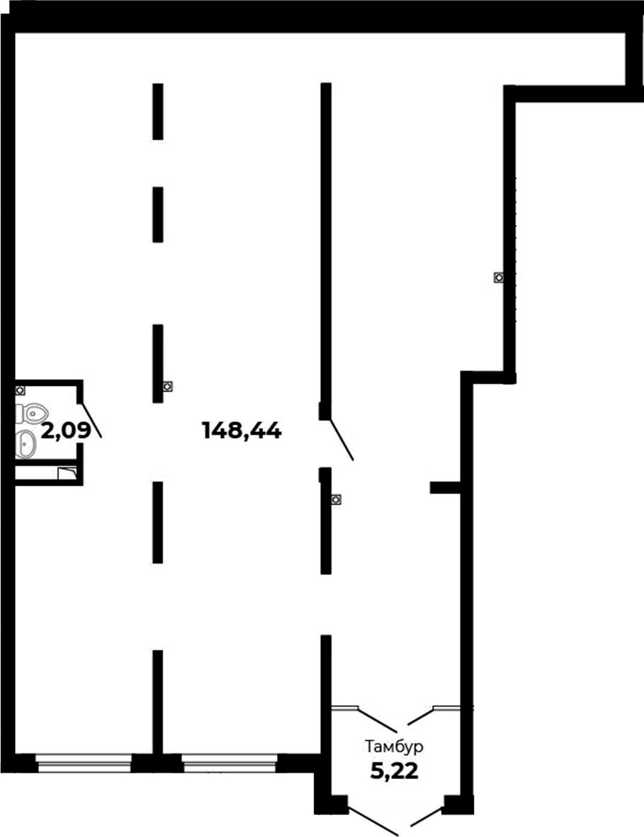 155,75 м², 1 этаж, корпус 5Б. Вытянутая форма со ступенчатым углом, два витринных окна внизу, тамбур справа, санузел у л
