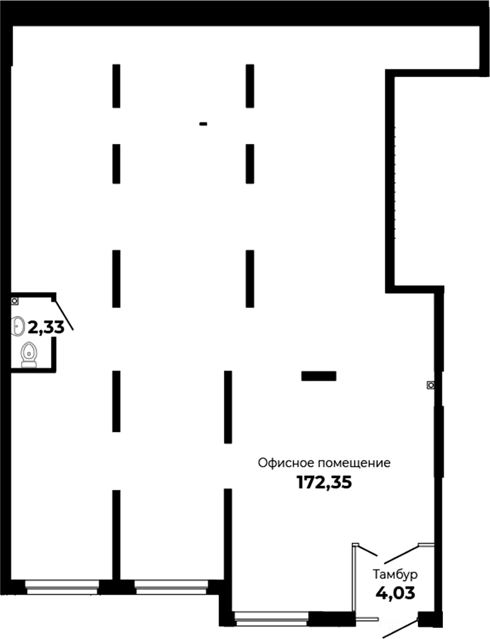 178,71 м², 1 этаж, корпус 5Б. Самое большое помещение, вытянутое вверх, три окна по нижней стороне, тамбур справа, один 