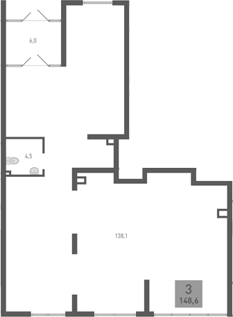 148,6 м², 1 этаж, корпус 4.2. На чертеже основной зал 138,1 м² сложной формы с двумя небольшими колоннами, санузел 4,5 м