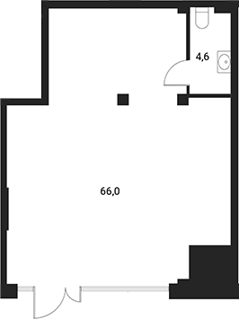 70,6 м², 1 этаж, корпус 1. Помещение Г-образной формы: широкий зал у входа с остеклением и более узкая часть вглубь, сан