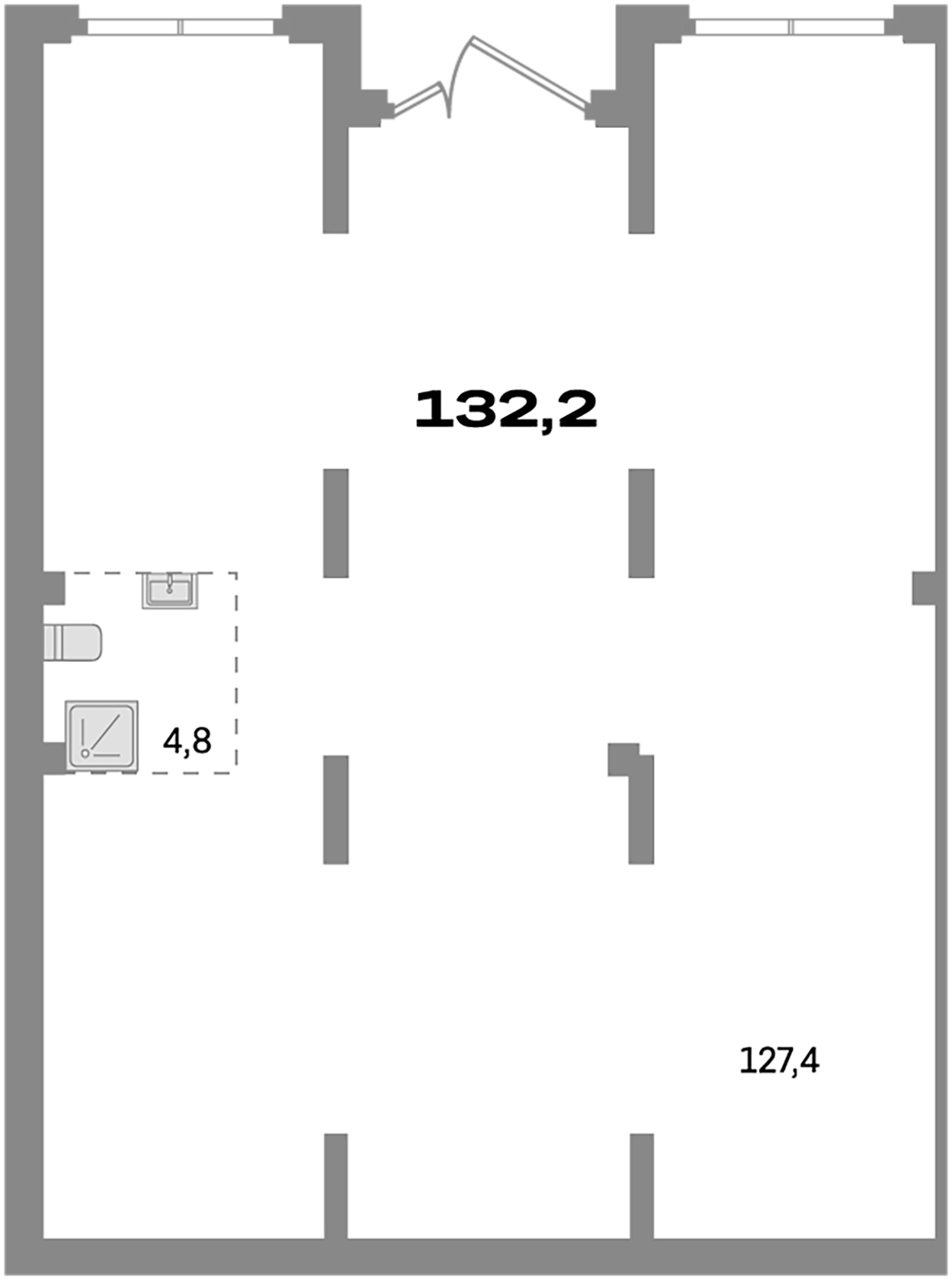 132,2 м², 1 этаж, корпус 7. Глубокий зал 127,4 м² с двумя окнами сверху и центральным входом между ними, санузел 4,8 м² 