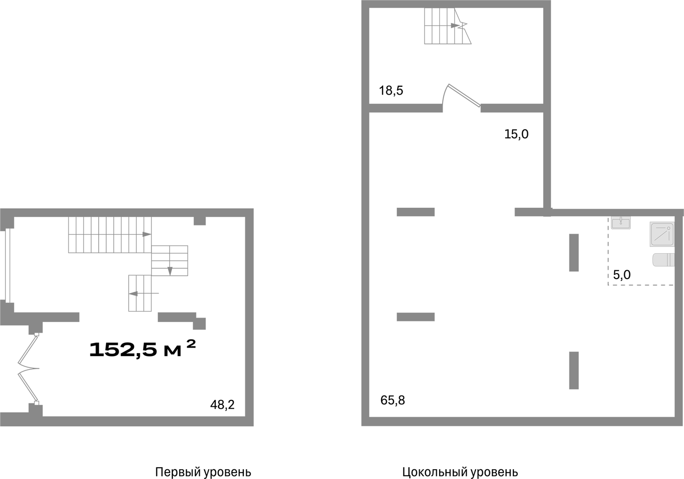 152,5 м², -1 и 1 этаж, корпус 7. Два уровня: верхний 48,2 м² с входом и остеклением слева и лестницей вниз, нижний 65,8 