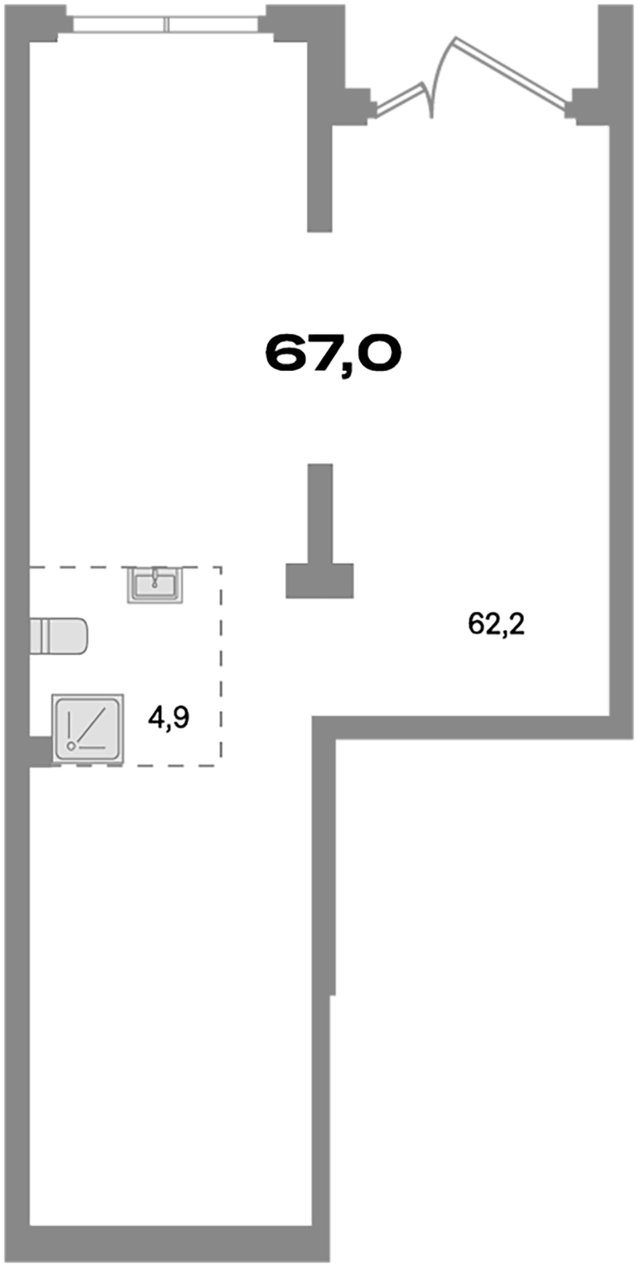 67 м², 1 этаж, корпус 7. Вытянутое помещение Г-образной формы: 62,2 м² основной зал и санузел 4,9 м², вход двустворчатой