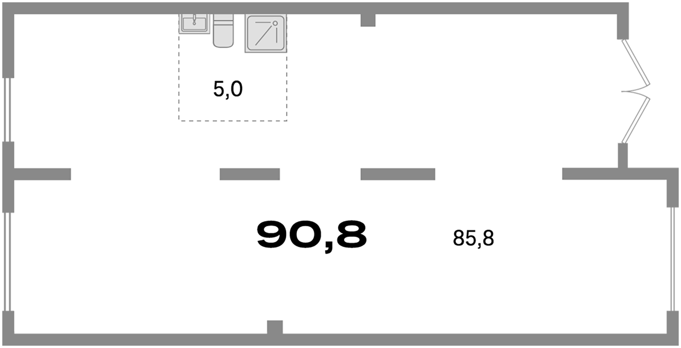 90,8 м², 1 этаж, корпус 4. Широкий прямоугольник с остеклением по двум торцам и складной входной дверью справа, санузел 