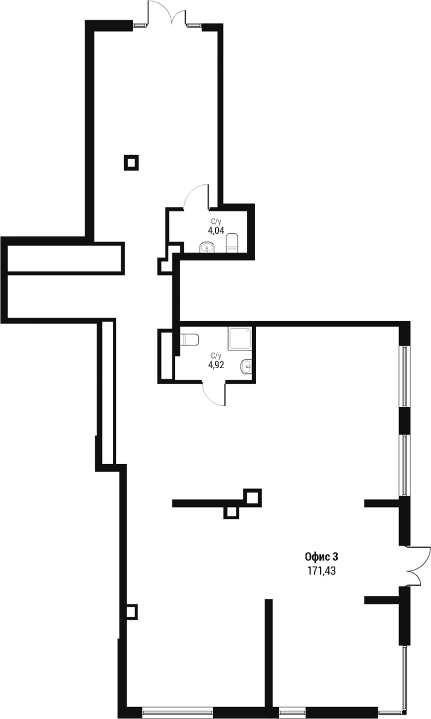 171,43 м², 1 этаж, корпус 3. Сложная Г-образная форма: узкая часть сверху с входом и вторая широкая часть справа с остек
