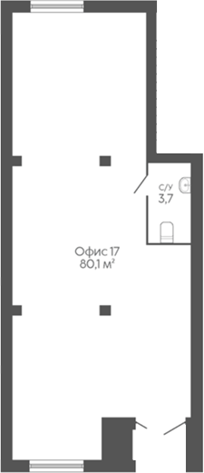 80,1 м², 1 этаж, корпус 7. Вытянутый прямоугольный зал с окнами на коротких сторонам (сверху и снизу), четыре колонны по