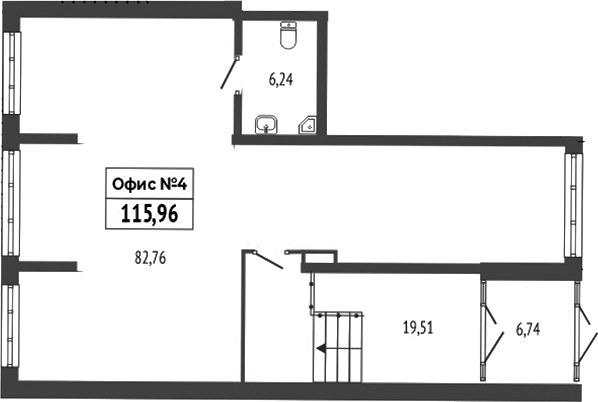 115,96 м², 1 этаж, корпус 1. Зал 82,76 м² с окнами по левой стороне и справа, санузел 6,24 м², дополнительная зона 19,51