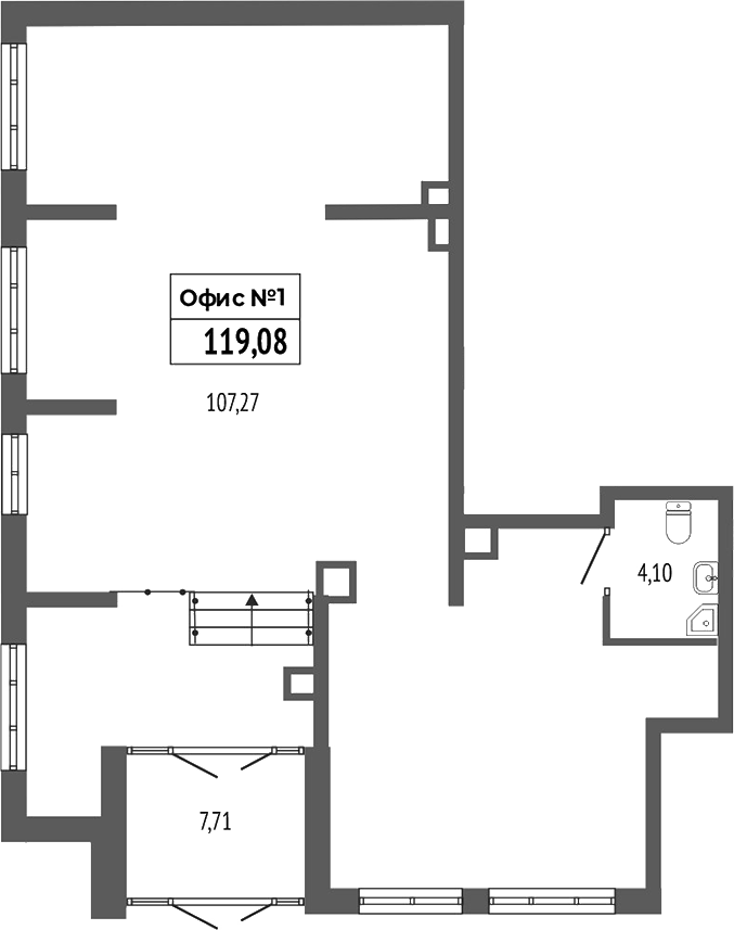 119,08 м², 1 этаж, корпус 3. Самый крупный лот: зал 107,27 м² с четырьмя окнами по левой стене и окнами внизу, санузел 4