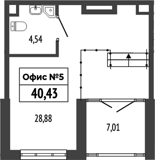 40,43 м², 1 этаж, корпус 3. На чертеже основной зал 28,88 м², санузел 4,54 м² в углу и примыкающая зона 7,01 м² с остекл
