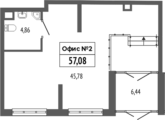 57,08 м², 1 этаж, корпус 3. Основной зал 45,78 м², санузел 4,86 м², справа зона 6,44 м² с двойной дверью; на стене есть 