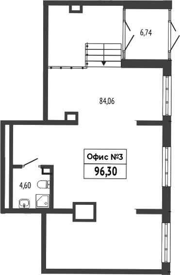 96,3 м², 1 этаж, корпус 1. Зал 84,06 м² с несколькими окнами по правой стене, то есть витринная линия вдоль улицы; сануз