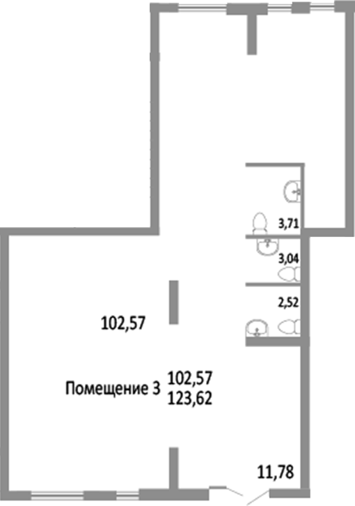 123,62 м², 1 этаж, корпус 14.6. Помещение Г-образной формы: узкая верхняя часть и широкий нижний зал, три санузла справа