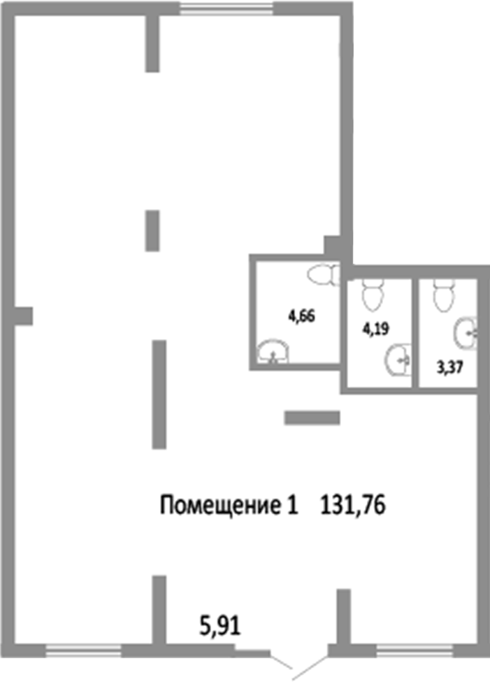 131,76 м², 1 этаж, корпус 14.6. Широкий зал почти квадратной формы с колоннами, три санузла в правой части, вход и две о