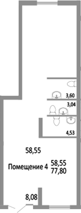 77,8 м², 1 этаж, корпус 14.6. Узкий вытянутый зал с остеклением на торце и входом внизу плана, в середине три санузла, п