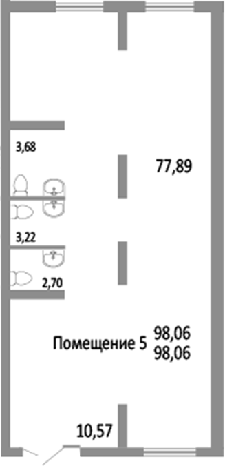 98,06 м², 1 этаж, корпус 14.6. Прямоугольный вытянутый зал с остеклением на обоих торцах и входом снизу, по левой стене 
