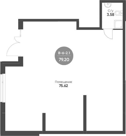 79,2 м², 1 этаж, корпус 6. Квадратный зал, вход слева с двойной дверью, оконная линия на левой стене, санузел 3,58 м² в 