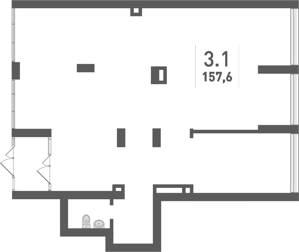 157,6 м², 1 этаж, корпус 1. Широкий зал с остеклением справа и слева, вход через тамбур на левой стороне, санузел в нише