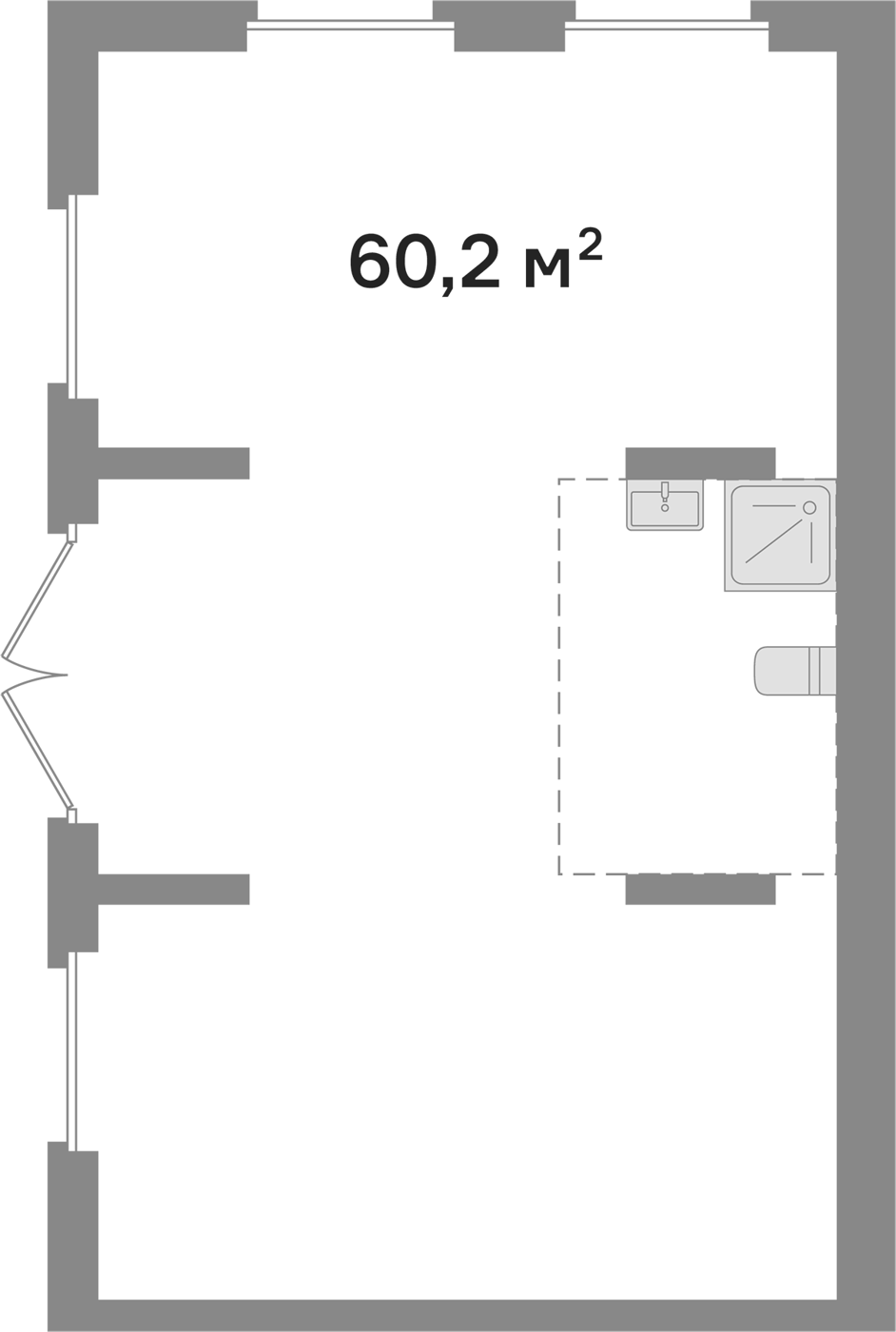 60,2 м², 1 этаж, корпус 6. Вытянутый прямоугольник с окнами с двух сторон, вход по левой стенке, санузел с душем в право