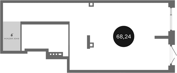 68,24 м², 1 этаж, корпус 2. Горизонтальная форма, остекление и дверь в правой торцевой части, слева мокрая зона и выделе