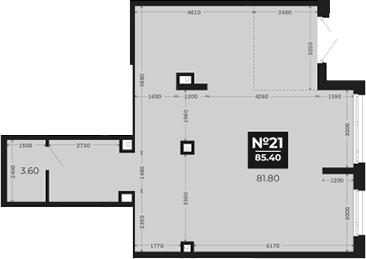 85,40 м², 1 этаж, корпус 1. Широкий зал с несколькими колоннами, окнами по длинной стороне и боковым выступом с санузлом