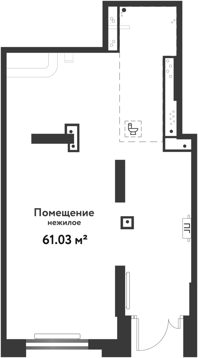 61,03 м², 1 этаж, корпус Дом Потенциал. Узкий вытянутый зал с входом справа внизу и окном в нижнем торце, посередине кол