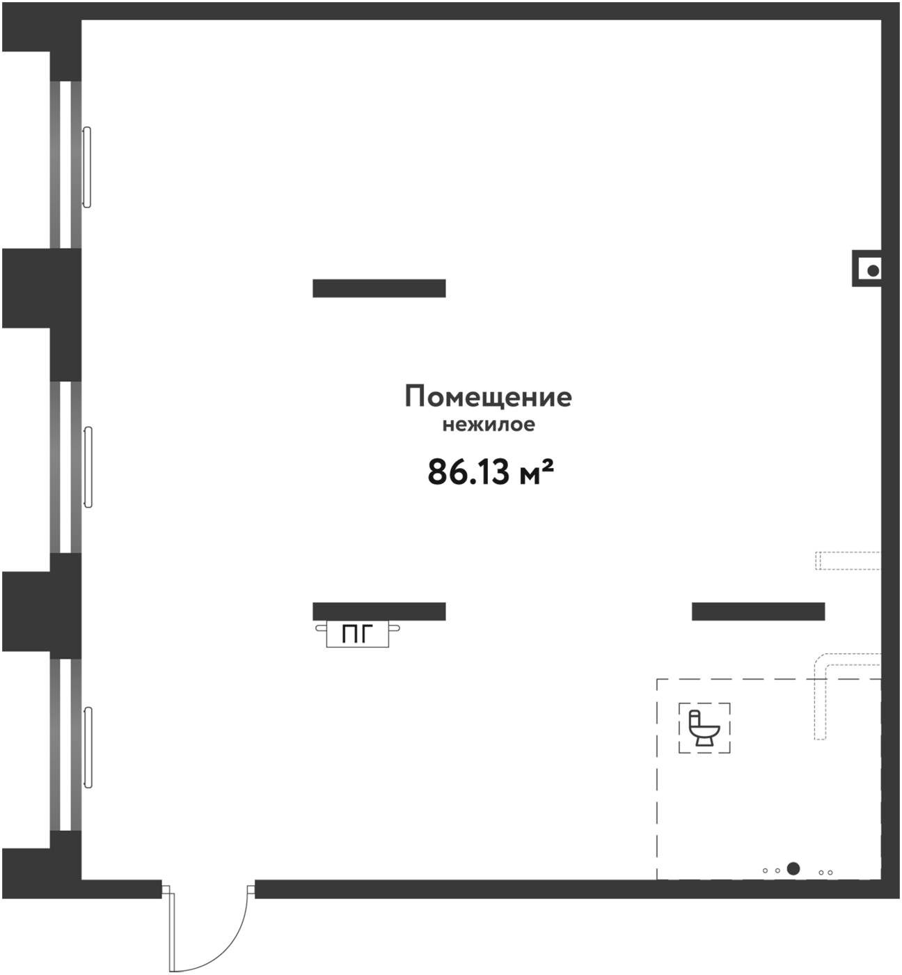 86,13 м², 2 этаж, корпус Дом Потенциал. Почти квадратный открытый зал с тремя окнами вдоль левой стены, вход внизу слева
