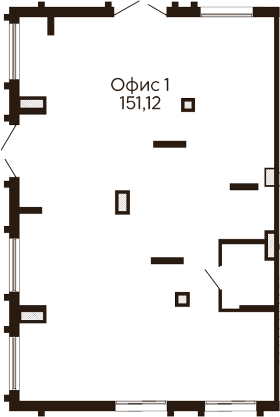 151,12 м², 1 этаж, корпус 2. Вытянутый зал с остеклением на трёх сторонах, вход через двойную дверь сверху и ещё одна дв