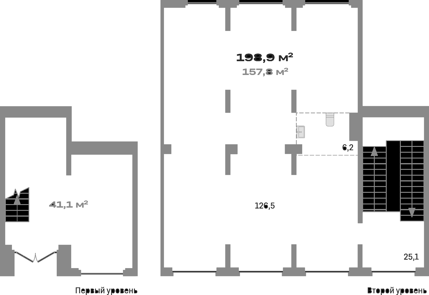 198,9 м², 2 этаж, корпус 1-1. Большой зал 126,5 м² с окнами по верхней и нижней сторонам, ряд колонн по периметру, сануз