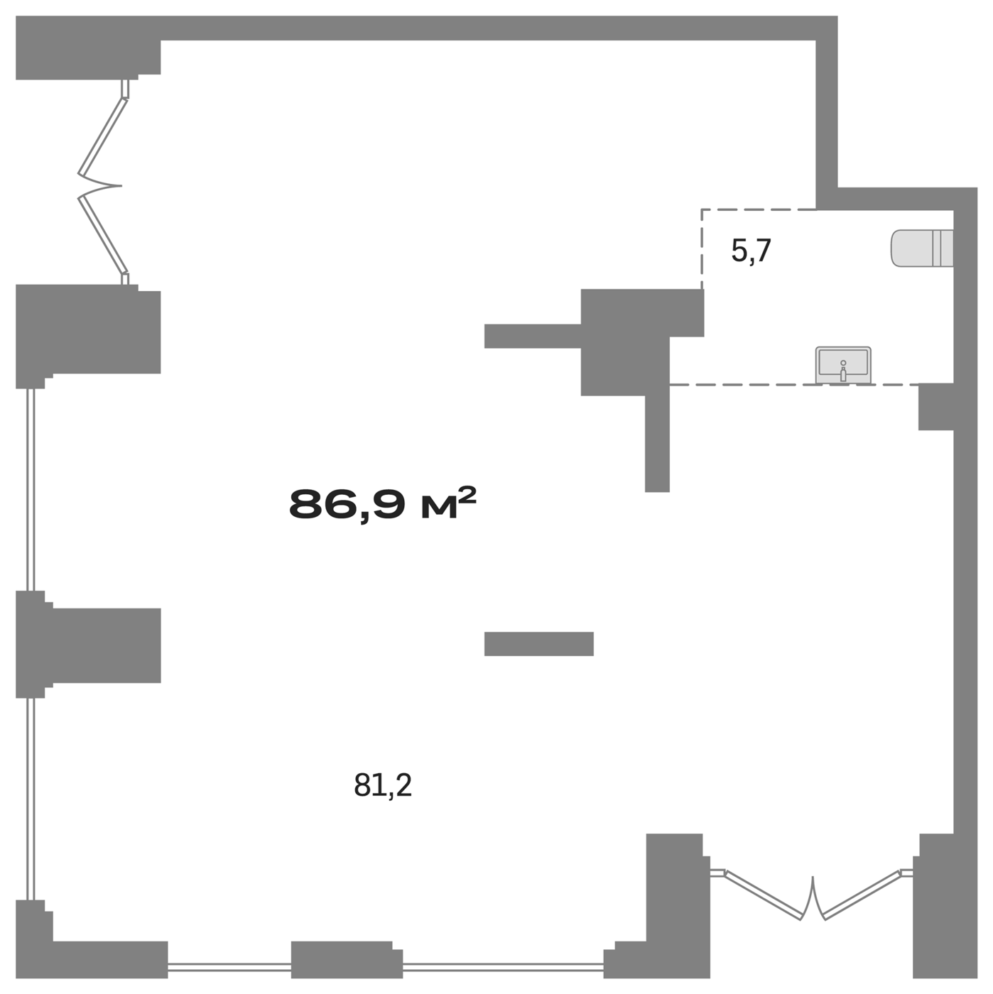 86,9 м², 1 этаж, корпус 1-2. Широкий зал 81,2 м² с двусторонними окнами, двумя дверными группами и санузлом 5,7 м² в пра