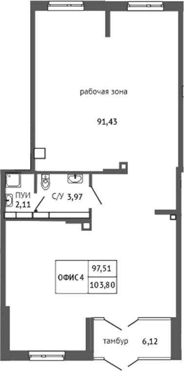 103,63 м², 1 этаж, корпус 1. Вытянутая планировка из двух зон: нижняя с тамбуром и окном, верхняя с двумя окнами, посере