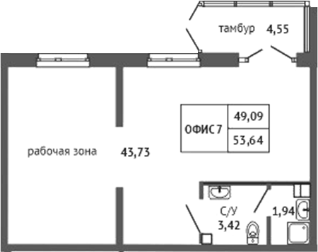 53,64 м², 1 этаж, корпус 1. На чертеже один прямоугольный зал 43,73 м² с двумя окнами по фасаду, тамбур 4,55 м² сверху с