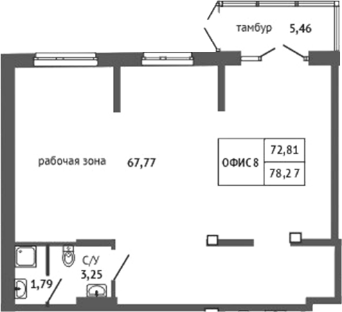 78,27 м², 1 этаж, корпус 1. Широкий зал 67,77 м² с двумя окнами и тамбуром сверху справа, санузел и ПУИ слева внизу, вну