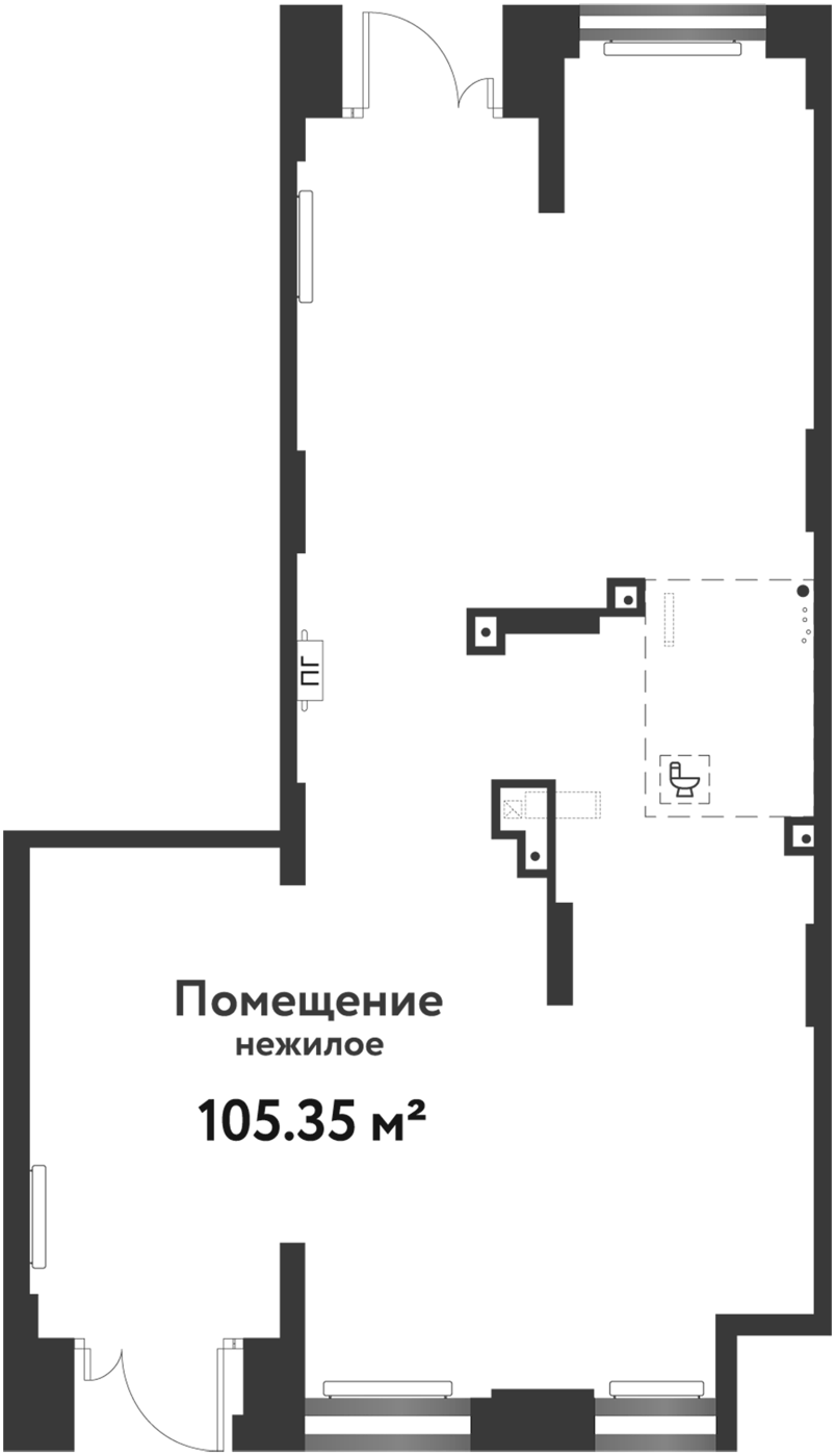 105,35 м², 1 этаж, корпус Квартал Заповедный 1. Г-образное помещение с двумя входами (сверху и снизу слева) и окнами в д