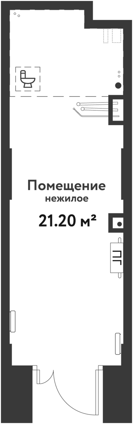 21,2 м², 1 этаж, корпус Квартал Заповедный 2. Узкое вытянутое помещение, вход со стеклянной дверью на коротком торце, в 