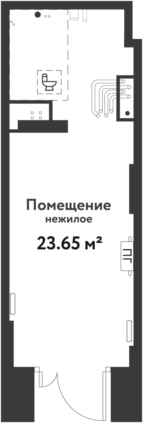 23,65 м², 1 этаж, корпус Квартал Заповедный 2. Такая же вытянутая форма: вход с остеклением снизу, мокрая зона сзади и у