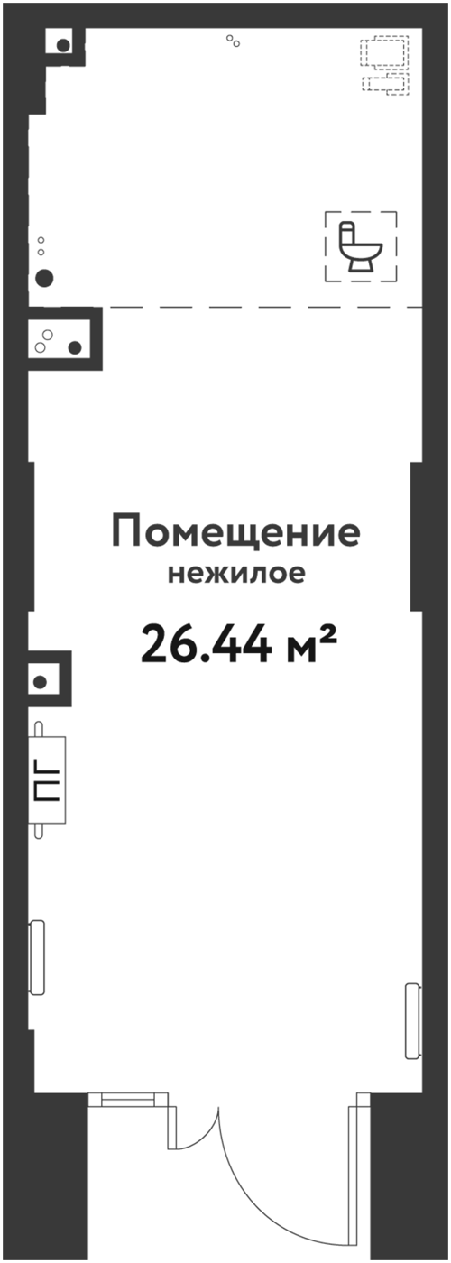 26,44 м², 1 этаж, корпус Квартал Заповедный 2. Самое просторное из мини: вход и остекление снизу, мокрая зона пунктиром 