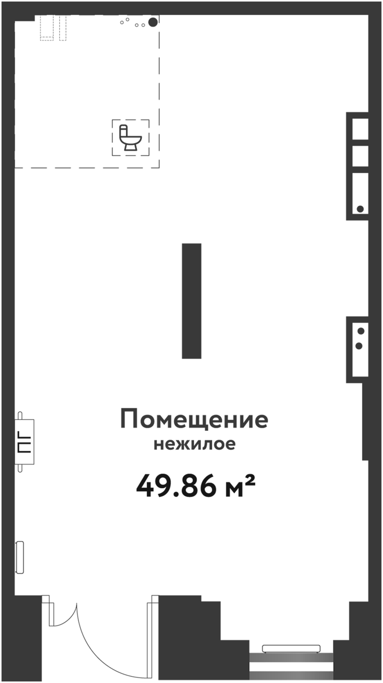 49,86 м², 1 этаж, корпус Квартал Заповедный 2. Помещение шире, чем мини: вход слева внизу, панорамное остекление с торца