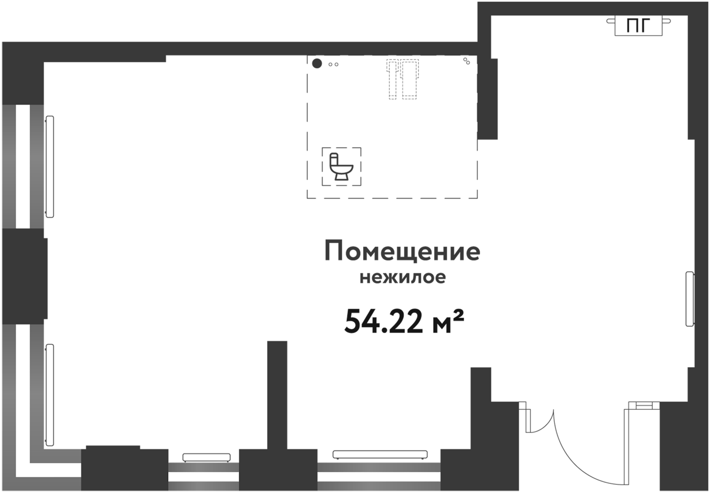 54,22 м², 1 этаж, корпус Квартал Заповедный 2. Угловое помещение с остеклением по двум сторонам и входом в нижнем правом