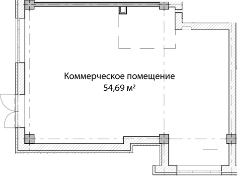 54,69 м², 1 этаж, корпус 1. Почти квадратный зал, вход двустворчатой дверью слева, окна на левой стороне, колонны по угл