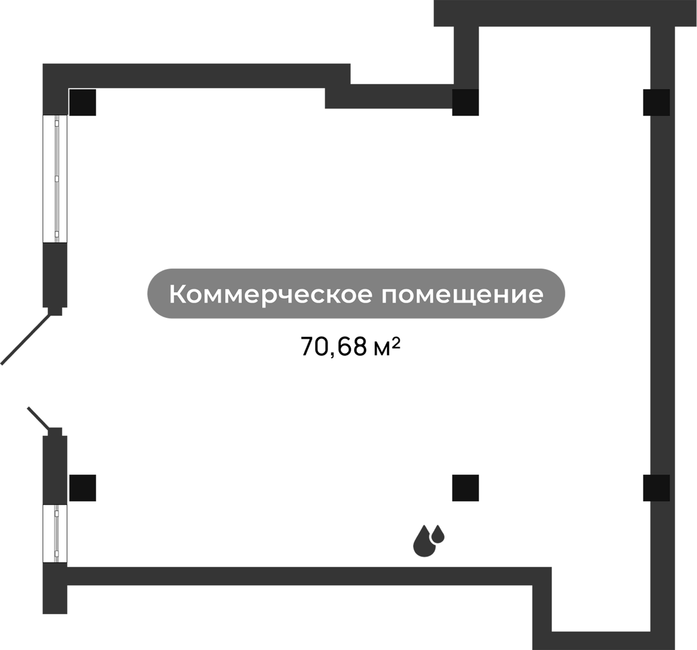 70,68 м², 1 этаж, корпус 1. Широкий зал с двумя остеклёнными участками на левой стене и входом между ними, шесть колонн