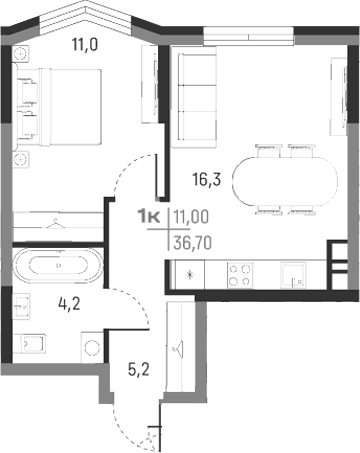 Планировка 1-к.кв, 36,7 м² в ЖК А+
