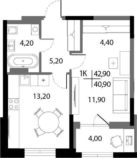Планировка 1-к.кв, 40,9 м² в ЖК А+