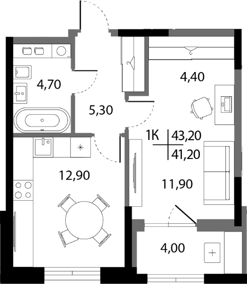 Планировка 1-к.кв, 41,2 м² в ЖК А+