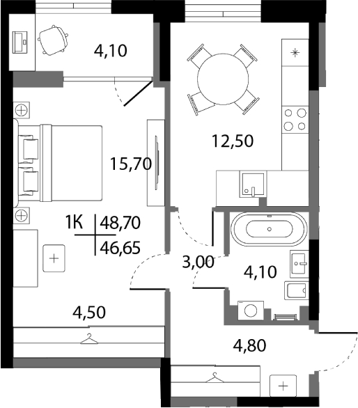 Планировка 1-к.кв, 46,65 м² в ЖК А+