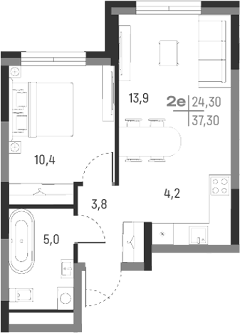 Планировка 2Е-к.кв, 37,3 м² в ЖК А+