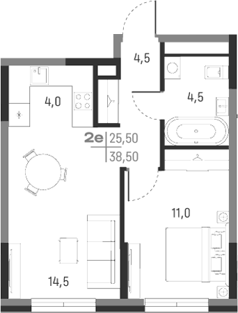 Планировка 2Е-к.кв, 38,5 м² в ЖК А+