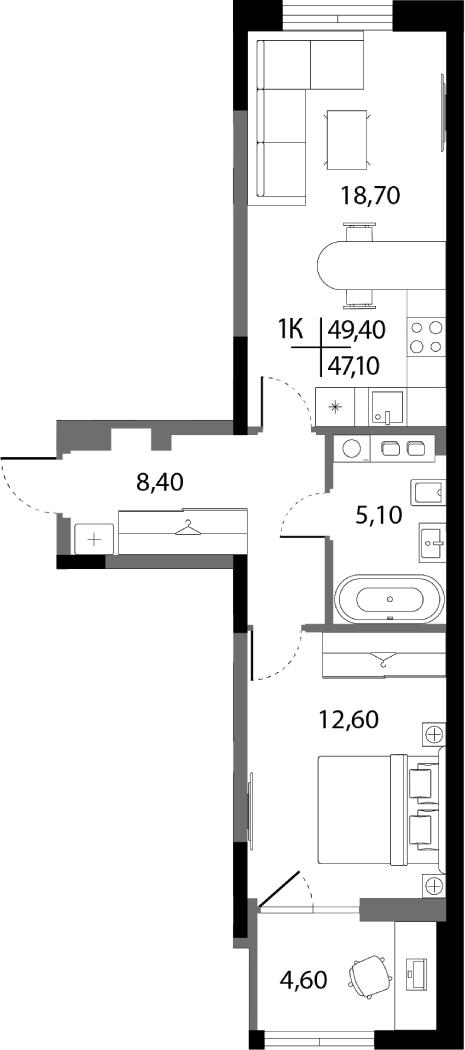 Планировка евродвушки (2Е) 47,1 м² в ЖК А+, Екатеринбург: комнаты в разных концах квартиры, лоджия-кабинет 4,6 м²